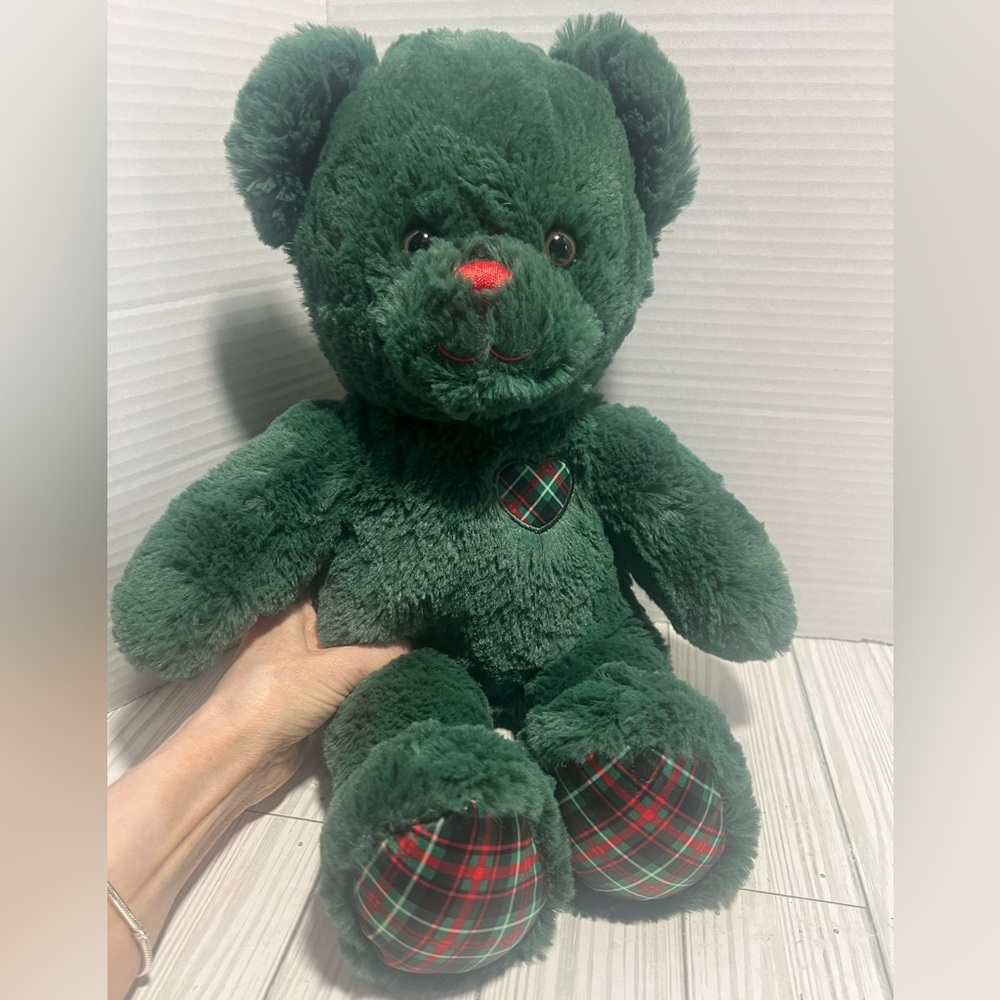 BUILD A BEAR GREEN BEAR WITH PLAID HEART, PAW PADS ONLINE EXCLUSIVE